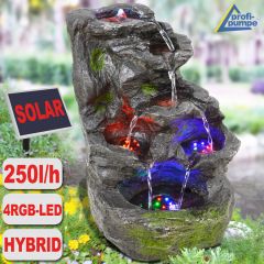 Gartenbrunnen FELS-KASKADE mit Pumpe und 4 RGB LED-Licht - Hybrid Solarbetrieb