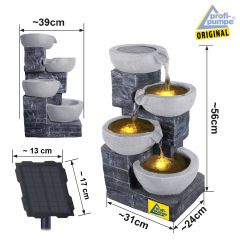 B-Ware Solar - Gartenbrunnen & Wasserspiel GRANITSCHALEN-KASKADE-4 mit LED-Licht und Li-Ion-Akku