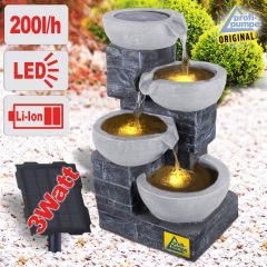 B-Ware Solar - Gartenbrunnen & Wasserspiel GRANITSCHALEN-KASKADE-4 mit LED-Licht und Li-Ion-Akku