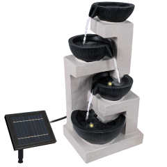 Solar Gartenbrunnen WASSERSCHALEN-KASKADE mit LED-Licht und Li-Ion-Akku